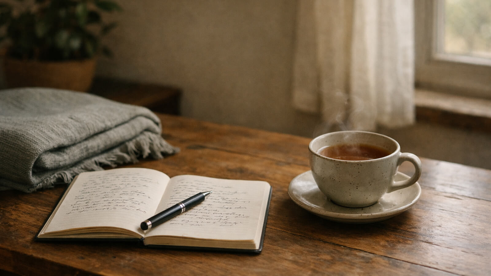 Mesa junto a una ventana con cuaderno abierto y té caliente, símbolo de una práctica consciente durante la menopausia
