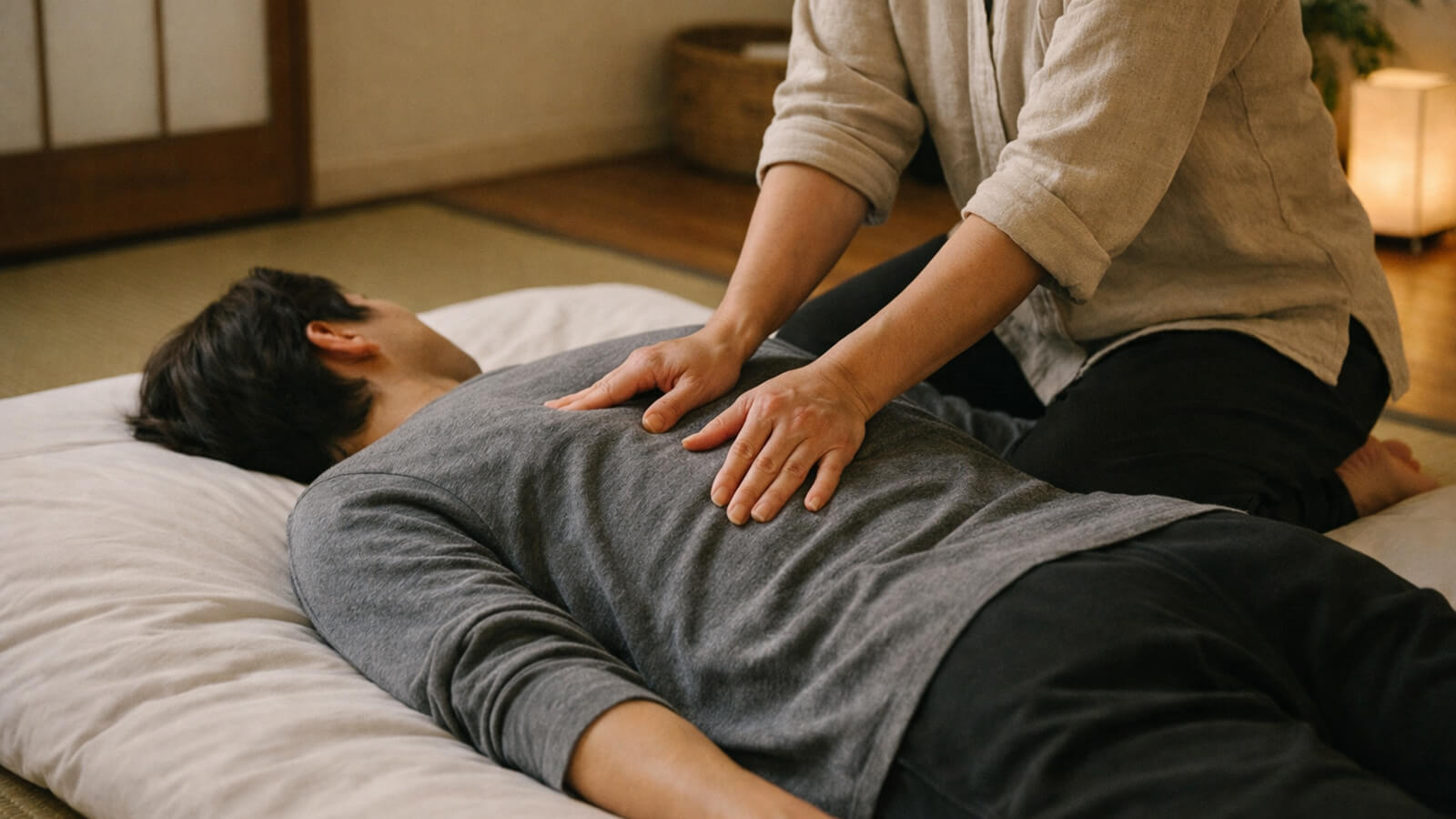 Técnica de presión con pulgares en tratamiento de shiatsu