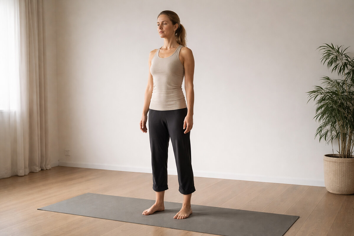 Postura de yoga básica de pie (Tadasana), con alineación corporal y presencia consciente, ideal para empezar la práctica
