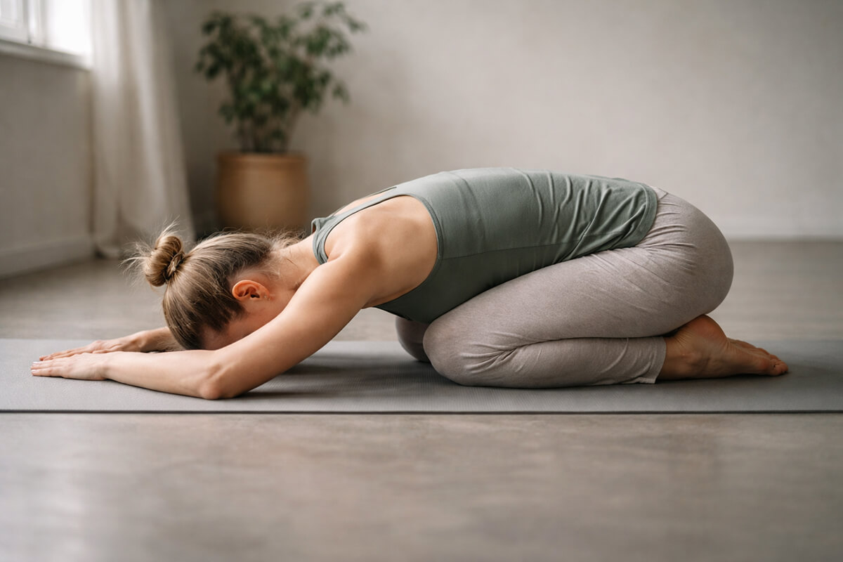 Mujer practicando la postura de yoga del niño (Balasana), con el cuerpo relajado y la atención en la respiración, en un espacio sereno