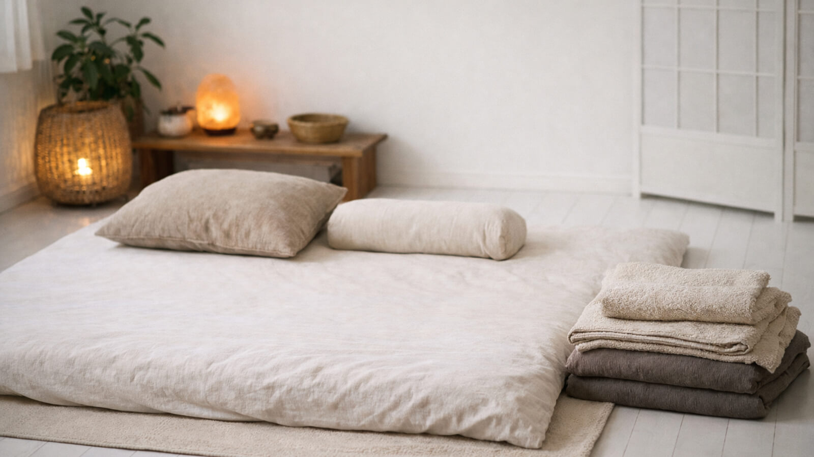 Espacio preparado para una sesión de shiatsu, con futón en el suelo, cojines y mantas, en un ambiente sereno y acogedor